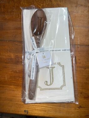 Mary Square Home Cream Monogram 'J' Kitchen Towel & Wooden Spoon Set